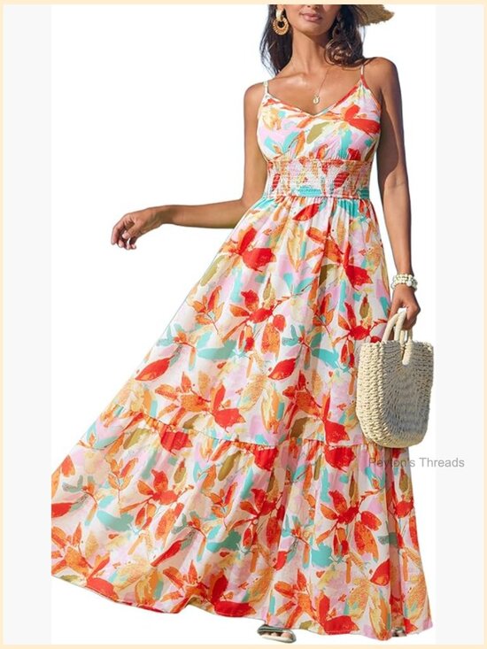 Dresses & Skirts - Tropical V-Neck Sleeveless Spaghetti Strap Smocked Waist Maxi Dress